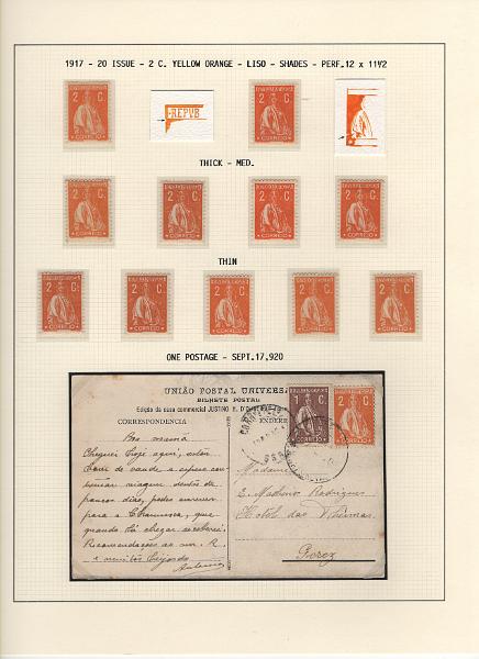 208 (28).jpg -     Lote:    208      Ceres &mdash; Colecção Especializada             Descrição:         1917/20 &mdash; Ceres. Novas cores e valores. MF222/234. Lote composto por coleção montada em 101 folhas de exposição, tipo Lindner, com estudo exaustivo da emissão desde a taxa de 1 &frac12; c até 30C, contendo selos novos e usados simples, em pares, quadras e blocos com grande número de selos, com estudo das variedades de papel, denteados, erros e variedades de clichés, acompanhados de desenhos das fendas mais importantes. Inclui ainda sobrescritos, bilhetes-postais e fragmentos, assim como variada marcofilia da época com realce para exemplares da GREVE DOS CORREIOS e marcas de paquetes portugueses. Valor de catálogo dos selos novos e usados, sem ter em conta a história postal &euro; 13.845,00. MB e MR. Lote a ver.         Lote       Valor Base:     &euro; 6.000,00     Valor Venda:     &euro;      