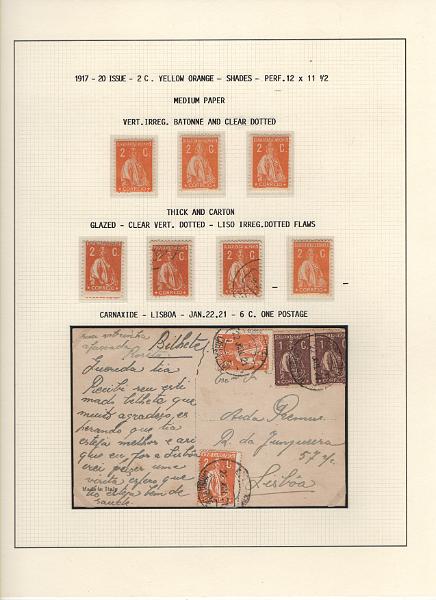 208 (29).jpg -     Lote:    208      Ceres &mdash; Colecção Especializada             Descrição:         1917/20 &mdash; Ceres. Novas cores e valores. MF222/234. Lote composto por coleção montada em 101 folhas de exposição, tipo Lindner, com estudo exaustivo da emissão desde a taxa de 1 &frac12; c até 30C, contendo selos novos e usados simples, em pares, quadras e blocos com grande número de selos, com estudo das variedades de papel, denteados, erros e variedades de clichés, acompanhados de desenhos das fendas mais importantes. Inclui ainda sobrescritos, bilhetes-postais e fragmentos, assim como variada marcofilia da época com realce para exemplares da GREVE DOS CORREIOS e marcas de paquetes portugueses. Valor de catálogo dos selos novos e usados, sem ter em conta a história postal &euro; 13.845,00. MB e MR. Lote a ver.         Lote       Valor Base:     &euro; 6.000,00     Valor Venda:     &euro;      