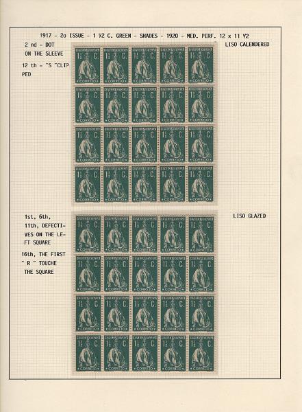 208 (3).jpg -     Lote:    208      Ceres &mdash; Colecção Especializada             Descrição:         1917/20 &mdash; Ceres. Novas cores e valores. MF222/234. Lote composto por coleção montada em 101 folhas de exposição, tipo Lindner, com estudo exaustivo da emissão desde a taxa de 1 &frac12; c até 30C, contendo selos novos e usados simples, em pares, quadras e blocos com grande número de selos, com estudo das variedades de papel, denteados, erros e variedades de clichés, acompanhados de desenhos das fendas mais importantes. Inclui ainda sobrescritos, bilhetes-postais e fragmentos, assim como variada marcofilia da época com realce para exemplares da GREVE DOS CORREIOS e marcas de paquetes portugueses. Valor de catálogo dos selos novos e usados, sem ter em conta a história postal &euro; 13.845,00. MB e MR. Lote a ver.         Lote       Valor Base:     &euro; 6.000,00     Valor Venda:     &euro;      