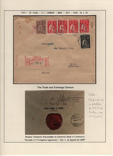 208 (32).jpg -     Lote:    208      Ceres &mdash; Colecção Especializada             Descrição:         1917/20 &mdash; Ceres. Novas cores e valores. MF222/234. Lote composto por coleção montada em 101 folhas de exposição, tipo Lindner, com estudo exaustivo da emissão desde a taxa de 1 &frac12; c até 30C, contendo selos novos e usados simples, em pares, quadras e blocos com grande número de selos, com estudo das variedades de papel, denteados, erros e variedades de clichés, acompanhados de desenhos das fendas mais importantes. Inclui ainda sobrescritos, bilhetes-postais e fragmentos, assim como variada marcofilia da época com realce para exemplares da GREVE DOS CORREIOS e marcas de paquetes portugueses. Valor de catálogo dos selos novos e usados, sem ter em conta a história postal &euro; 13.845,00. MB e MR. Lote a ver.         Lote       Valor Base:     &euro; 6.000,00     Valor Venda:     &euro;      