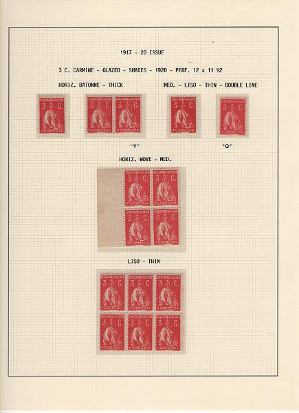 208 (35).jpg -     Lote:    208      Ceres &mdash; Colecção Especializada             Descrição:         1917/20 &mdash; Ceres. Novas cores e valores. MF222/234. Lote composto por coleção montada em 101 folhas de exposição, tipo Lindner, com estudo exaustivo da emissão desde a taxa de 1 &frac12; c até 30C, contendo selos novos e usados simples, em pares, quadras e blocos com grande número de selos, com estudo das variedades de papel, denteados, erros e variedades de clichés, acompanhados de desenhos das fendas mais importantes. Inclui ainda sobrescritos, bilhetes-postais e fragmentos, assim como variada marcofilia da época com realce para exemplares da GREVE DOS CORREIOS e marcas de paquetes portugueses. Valor de catálogo dos selos novos e usados, sem ter em conta a história postal &euro; 13.845,00. MB e MR. Lote a ver.         Lote       Valor Base:     &euro; 6.000,00     Valor Venda:     &euro;      