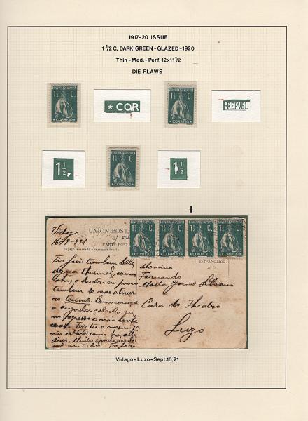 208 (4).jpg -     Lote:    208      Ceres &mdash; Colecção Especializada             Descrição:         1917/20 &mdash; Ceres. Novas cores e valores. MF222/234. Lote composto por coleção montada em 101 folhas de exposição, tipo Lindner, com estudo exaustivo da emissão desde a taxa de 1 &frac12; c até 30C, contendo selos novos e usados simples, em pares, quadras e blocos com grande número de selos, com estudo das variedades de papel, denteados, erros e variedades de clichés, acompanhados de desenhos das fendas mais importantes. Inclui ainda sobrescritos, bilhetes-postais e fragmentos, assim como variada marcofilia da época com realce para exemplares da GREVE DOS CORREIOS e marcas de paquetes portugueses. Valor de catálogo dos selos novos e usados, sem ter em conta a história postal &euro; 13.845,00. MB e MR. Lote a ver.         Lote       Valor Base:     &euro; 6.000,00     Valor Venda:     &euro;      
