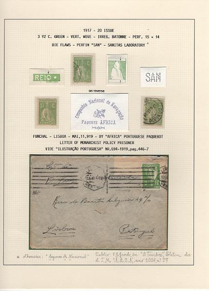 208 (44).jpg -     Lote:    208      Ceres &mdash; Colecção Especializada             Descrição:         1917/20 &mdash; Ceres. Novas cores e valores. MF222/234. Lote composto por coleção montada em 101 folhas de exposição, tipo Lindner, com estudo exaustivo da emissão desde a taxa de 1 &frac12; c até 30C, contendo selos novos e usados simples, em pares, quadras e blocos com grande número de selos, com estudo das variedades de papel, denteados, erros e variedades de clichés, acompanhados de desenhos das fendas mais importantes. Inclui ainda sobrescritos, bilhetes-postais e fragmentos, assim como variada marcofilia da época com realce para exemplares da GREVE DOS CORREIOS e marcas de paquetes portugueses. Valor de catálogo dos selos novos e usados, sem ter em conta a história postal &euro; 13.845,00. MB e MR. Lote a ver.         Lote       Valor Base:     &euro; 6.000,00     Valor Venda:     &euro;      