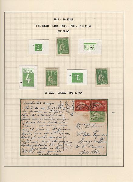 208 (46).jpg -     Lote:    208      Ceres &mdash; Colecção Especializada             Descrição:         1917/20 &mdash; Ceres. Novas cores e valores. MF222/234. Lote composto por coleção montada em 101 folhas de exposição, tipo Lindner, com estudo exaustivo da emissão desde a taxa de 1 &frac12; c até 30C, contendo selos novos e usados simples, em pares, quadras e blocos com grande número de selos, com estudo das variedades de papel, denteados, erros e variedades de clichés, acompanhados de desenhos das fendas mais importantes. Inclui ainda sobrescritos, bilhetes-postais e fragmentos, assim como variada marcofilia da época com realce para exemplares da GREVE DOS CORREIOS e marcas de paquetes portugueses. Valor de catálogo dos selos novos e usados, sem ter em conta a história postal &euro; 13.845,00. MB e MR. Lote a ver.         Lote       Valor Base:     &euro; 6.000,00     Valor Venda:     &euro;      