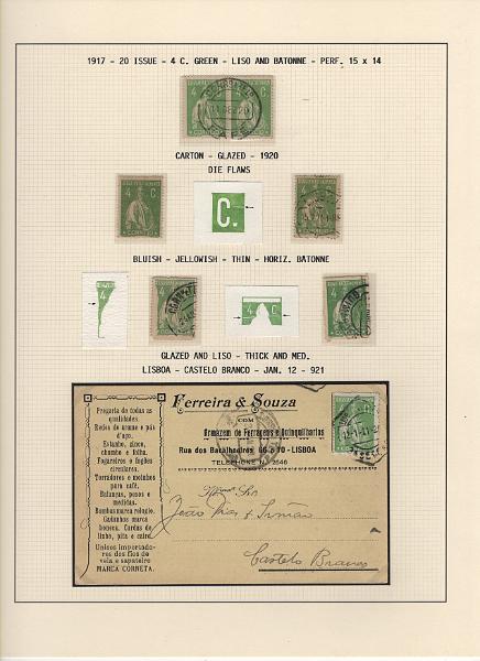 208 (49).jpg -     Lote:    208      Ceres &mdash; Colecção Especializada             Descrição:         1917/20 &mdash; Ceres. Novas cores e valores. MF222/234. Lote composto por coleção montada em 101 folhas de exposição, tipo Lindner, com estudo exaustivo da emissão desde a taxa de 1 &frac12; c até 30C, contendo selos novos e usados simples, em pares, quadras e blocos com grande número de selos, com estudo das variedades de papel, denteados, erros e variedades de clichés, acompanhados de desenhos das fendas mais importantes. Inclui ainda sobrescritos, bilhetes-postais e fragmentos, assim como variada marcofilia da época com realce para exemplares da GREVE DOS CORREIOS e marcas de paquetes portugueses. Valor de catálogo dos selos novos e usados, sem ter em conta a história postal &euro; 13.845,00. MB e MR. Lote a ver.         Lote       Valor Base:     &euro; 6.000,00     Valor Venda:     &euro;      