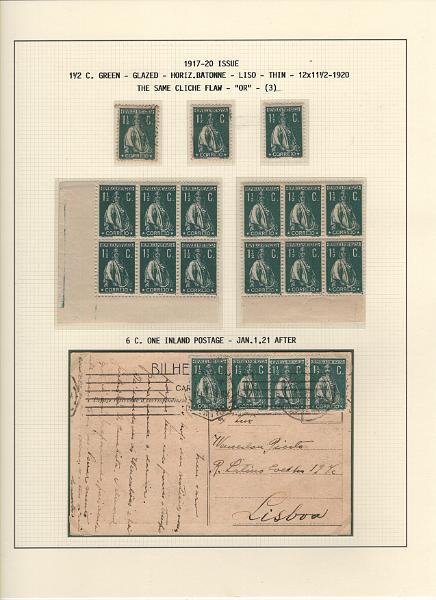208 (5).jpg -     Lote:    208      Ceres &mdash; Colecção Especializada             Descrição:         1917/20 &mdash; Ceres. Novas cores e valores. MF222/234. Lote composto por coleção montada em 101 folhas de exposição, tipo Lindner, com estudo exaustivo da emissão desde a taxa de 1 &frac12; c até 30C, contendo selos novos e usados simples, em pares, quadras e blocos com grande número de selos, com estudo das variedades de papel, denteados, erros e variedades de clichés, acompanhados de desenhos das fendas mais importantes. Inclui ainda sobrescritos, bilhetes-postais e fragmentos, assim como variada marcofilia da época com realce para exemplares da GREVE DOS CORREIOS e marcas de paquetes portugueses. Valor de catálogo dos selos novos e usados, sem ter em conta a história postal &euro; 13.845,00. MB e MR. Lote a ver.         Lote       Valor Base:     &euro; 6.000,00     Valor Venda:     &euro;      