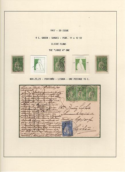 208 (50).jpg -     Lote:    208      Ceres &mdash; Colecção Especializada             Descrição:         1917/20 &mdash; Ceres. Novas cores e valores. MF222/234. Lote composto por coleção montada em 101 folhas de exposição, tipo Lindner, com estudo exaustivo da emissão desde a taxa de 1 &frac12; c até 30C, contendo selos novos e usados simples, em pares, quadras e blocos com grande número de selos, com estudo das variedades de papel, denteados, erros e variedades de clichés, acompanhados de desenhos das fendas mais importantes. Inclui ainda sobrescritos, bilhetes-postais e fragmentos, assim como variada marcofilia da época com realce para exemplares da GREVE DOS CORREIOS e marcas de paquetes portugueses. Valor de catálogo dos selos novos e usados, sem ter em conta a história postal &euro; 13.845,00. MB e MR. Lote a ver.         Lote       Valor Base:     &euro; 6.000,00     Valor Venda:     &euro;      