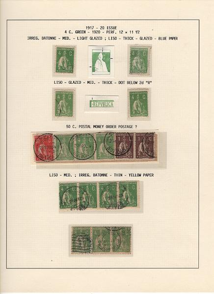 208 (51).jpg -     Lote:    208      Ceres &mdash; Colecção Especializada             Descrição:         1917/20 &mdash; Ceres. Novas cores e valores. MF222/234. Lote composto por coleção montada em 101 folhas de exposição, tipo Lindner, com estudo exaustivo da emissão desde a taxa de 1 &frac12; c até 30C, contendo selos novos e usados simples, em pares, quadras e blocos com grande número de selos, com estudo das variedades de papel, denteados, erros e variedades de clichés, acompanhados de desenhos das fendas mais importantes. Inclui ainda sobrescritos, bilhetes-postais e fragmentos, assim como variada marcofilia da época com realce para exemplares da GREVE DOS CORREIOS e marcas de paquetes portugueses. Valor de catálogo dos selos novos e usados, sem ter em conta a história postal &euro; 13.845,00. MB e MR. Lote a ver.         Lote       Valor Base:     &euro; 6.000,00     Valor Venda:     &euro;      