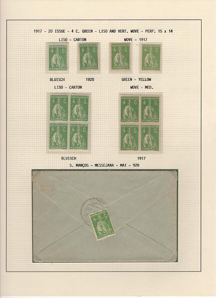 208 (55).jpg -     Lote:    208      Ceres &mdash; Colecção Especializada             Descrição:         1917/20 &mdash; Ceres. Novas cores e valores. MF222/234. Lote composto por coleção montada em 101 folhas de exposição, tipo Lindner, com estudo exaustivo da emissão desde a taxa de 1 &frac12; c até 30C, contendo selos novos e usados simples, em pares, quadras e blocos com grande número de selos, com estudo das variedades de papel, denteados, erros e variedades de clichés, acompanhados de desenhos das fendas mais importantes. Inclui ainda sobrescritos, bilhetes-postais e fragmentos, assim como variada marcofilia da época com realce para exemplares da GREVE DOS CORREIOS e marcas de paquetes portugueses. Valor de catálogo dos selos novos e usados, sem ter em conta a história postal &euro; 13.845,00. MB e MR. Lote a ver.         Lote       Valor Base:     &euro; 6.000,00     Valor Venda:     &euro;      