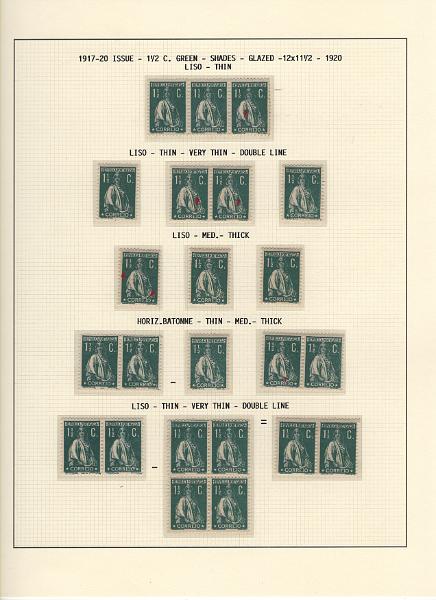 208 (6).jpg -     Lote:    208      Ceres &mdash; Colecção Especializada             Descrição:         1917/20 &mdash; Ceres. Novas cores e valores. MF222/234. Lote composto por coleção montada em 101 folhas de exposição, tipo Lindner, com estudo exaustivo da emissão desde a taxa de 1 &frac12; c até 30C, contendo selos novos e usados simples, em pares, quadras e blocos com grande número de selos, com estudo das variedades de papel, denteados, erros e variedades de clichés, acompanhados de desenhos das fendas mais importantes. Inclui ainda sobrescritos, bilhetes-postais e fragmentos, assim como variada marcofilia da época com realce para exemplares da GREVE DOS CORREIOS e marcas de paquetes portugueses. Valor de catálogo dos selos novos e usados, sem ter em conta a história postal &euro; 13.845,00. MB e MR. Lote a ver.         Lote       Valor Base:     &euro; 6.000,00     Valor Venda:     &euro;      