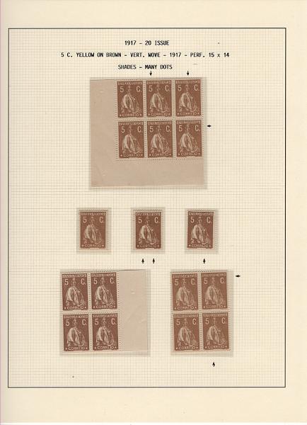 208 (65).jpg -     Lote:    208      Ceres &mdash; Colecção Especializada             Descrição:         1917/20 &mdash; Ceres. Novas cores e valores. MF222/234. Lote composto por coleção montada em 101 folhas de exposição, tipo Lindner, com estudo exaustivo da emissão desde a taxa de 1 &frac12; c até 30C, contendo selos novos e usados simples, em pares, quadras e blocos com grande número de selos, com estudo das variedades de papel, denteados, erros e variedades de clichés, acompanhados de desenhos das fendas mais importantes. Inclui ainda sobrescritos, bilhetes-postais e fragmentos, assim como variada marcofilia da época com realce para exemplares da GREVE DOS CORREIOS e marcas de paquetes portugueses. Valor de catálogo dos selos novos e usados, sem ter em conta a história postal &euro; 13.845,00. MB e MR. Lote a ver.         Lote       Valor Base:     &euro; 6.000,00     Valor Venda:     &euro;      