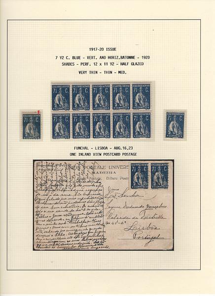 208 (81).jpg -     Lote:    208      Ceres &mdash; Colecção Especializada             Descrição:         1917/20 &mdash; Ceres. Novas cores e valores. MF222/234. Lote composto por coleção montada em 101 folhas de exposição, tipo Lindner, com estudo exaustivo da emissão desde a taxa de 1 &frac12; c até 30C, contendo selos novos e usados simples, em pares, quadras e blocos com grande número de selos, com estudo das variedades de papel, denteados, erros e variedades de clichés, acompanhados de desenhos das fendas mais importantes. Inclui ainda sobrescritos, bilhetes-postais e fragmentos, assim como variada marcofilia da época com realce para exemplares da GREVE DOS CORREIOS e marcas de paquetes portugueses. Valor de catálogo dos selos novos e usados, sem ter em conta a história postal &euro; 13.845,00. MB e MR. Lote a ver.         Lote       Valor Base:     &euro; 6.000,00     Valor Venda:     &euro;      