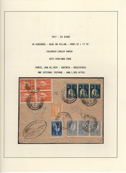 208 (92).jpg -     Lote:    208      Ceres &mdash; Colecção Especializada             Descrição:         1917/20 &mdash; Ceres. Novas cores e valores. MF222/234. Lote composto por coleção montada em 101 folhas de exposição, tipo Lindner, com estudo exaustivo da emissão desde a taxa de 1 &frac12; c até 30C, contendo selos novos e usados simples, em pares, quadras e blocos com grande número de selos, com estudo das variedades de papel, denteados, erros e variedades de clichés, acompanhados de desenhos das fendas mais importantes. Inclui ainda sobrescritos, bilhetes-postais e fragmentos, assim como variada marcofilia da época com realce para exemplares da GREVE DOS CORREIOS e marcas de paquetes portugueses. Valor de catálogo dos selos novos e usados, sem ter em conta a história postal &euro; 13.845,00. MB e MR. Lote a ver.         Lote       Valor Base:     &euro; 6.000,00     Valor Venda:     &euro;      