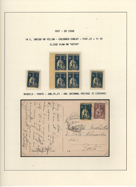 208 (93).jpg -     Lote:    208      Ceres &mdash; Colecção Especializada             Descrição:         1917/20 &mdash; Ceres. Novas cores e valores. MF222/234. Lote composto por coleção montada em 101 folhas de exposição, tipo Lindner, com estudo exaustivo da emissão desde a taxa de 1 &frac12; c até 30C, contendo selos novos e usados simples, em pares, quadras e blocos com grande número de selos, com estudo das variedades de papel, denteados, erros e variedades de clichés, acompanhados de desenhos das fendas mais importantes. Inclui ainda sobrescritos, bilhetes-postais e fragmentos, assim como variada marcofilia da época com realce para exemplares da GREVE DOS CORREIOS e marcas de paquetes portugueses. Valor de catálogo dos selos novos e usados, sem ter em conta a história postal &euro; 13.845,00. MB e MR. Lote a ver.         Lote       Valor Base:     &euro; 6.000,00     Valor Venda:     &euro;      