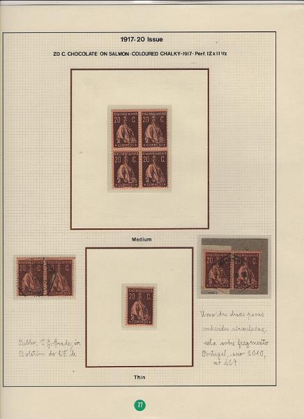 208 (94).jpg -     Lote:    208      Ceres &mdash; Colecção Especializada             Descrição:         1917/20 &mdash; Ceres. Novas cores e valores. MF222/234. Lote composto por coleção montada em 101 folhas de exposição, tipo Lindner, com estudo exaustivo da emissão desde a taxa de 1 &frac12; c até 30C, contendo selos novos e usados simples, em pares, quadras e blocos com grande número de selos, com estudo das variedades de papel, denteados, erros e variedades de clichés, acompanhados de desenhos das fendas mais importantes. Inclui ainda sobrescritos, bilhetes-postais e fragmentos, assim como variada marcofilia da época com realce para exemplares da GREVE DOS CORREIOS e marcas de paquetes portugueses. Valor de catálogo dos selos novos e usados, sem ter em conta a história postal &euro; 13.845,00. MB e MR. Lote a ver.         Lote       Valor Base:     &euro; 6.000,00     Valor Venda:     &euro;      