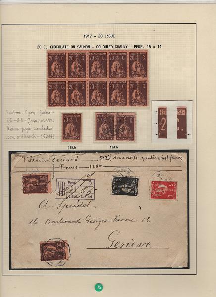 208 (96).jpg -     Lote:    208      Ceres &mdash; Colecção Especializada             Descrição:         1917/20 &mdash; Ceres. Novas cores e valores. MF222/234. Lote composto por coleção montada em 101 folhas de exposição, tipo Lindner, com estudo exaustivo da emissão desde a taxa de 1 &frac12; c até 30C, contendo selos novos e usados simples, em pares, quadras e blocos com grande número de selos, com estudo das variedades de papel, denteados, erros e variedades de clichés, acompanhados de desenhos das fendas mais importantes. Inclui ainda sobrescritos, bilhetes-postais e fragmentos, assim como variada marcofilia da época com realce para exemplares da GREVE DOS CORREIOS e marcas de paquetes portugueses. Valor de catálogo dos selos novos e usados, sem ter em conta a história postal &euro; 13.845,00. MB e MR. Lote a ver.         Lote       Valor Base:     &euro; 6.000,00     Valor Venda:     &euro;      