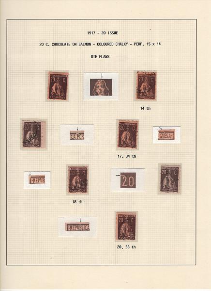 208 (97).jpg -     Lote:    208      Ceres &mdash; Colecção Especializada             Descrição:         1917/20 &mdash; Ceres. Novas cores e valores. MF222/234. Lote composto por coleção montada em 101 folhas de exposição, tipo Lindner, com estudo exaustivo da emissão desde a taxa de 1 &frac12; c até 30C, contendo selos novos e usados simples, em pares, quadras e blocos com grande número de selos, com estudo das variedades de papel, denteados, erros e variedades de clichés, acompanhados de desenhos das fendas mais importantes. Inclui ainda sobrescritos, bilhetes-postais e fragmentos, assim como variada marcofilia da época com realce para exemplares da GREVE DOS CORREIOS e marcas de paquetes portugueses. Valor de catálogo dos selos novos e usados, sem ter em conta a história postal &euro; 13.845,00. MB e MR. Lote a ver.         Lote       Valor Base:     &euro; 6.000,00     Valor Venda:     &euro;      