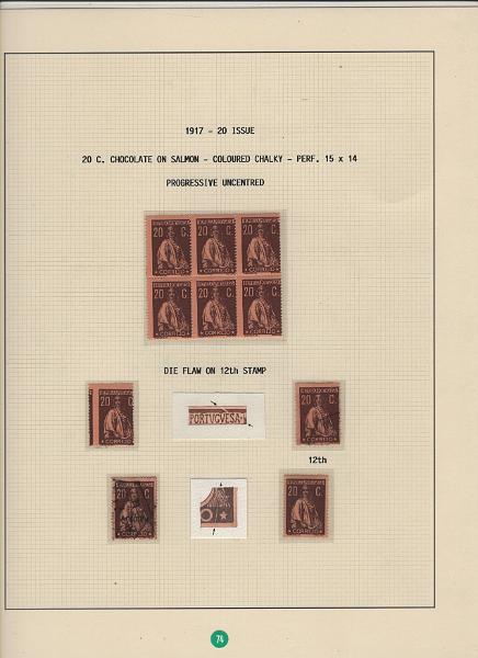 208 (98).jpg -     Lote:    208      Ceres &mdash; Colecção Especializada             Descrição:         1917/20 &mdash; Ceres. Novas cores e valores. MF222/234. Lote composto por coleção montada em 101 folhas de exposição, tipo Lindner, com estudo exaustivo da emissão desde a taxa de 1 &frac12; c até 30C, contendo selos novos e usados simples, em pares, quadras e blocos com grande número de selos, com estudo das variedades de papel, denteados, erros e variedades de clichés, acompanhados de desenhos das fendas mais importantes. Inclui ainda sobrescritos, bilhetes-postais e fragmentos, assim como variada marcofilia da época com realce para exemplares da GREVE DOS CORREIOS e marcas de paquetes portugueses. Valor de catálogo dos selos novos e usados, sem ter em conta a história postal &euro; 13.845,00. MB e MR. Lote a ver.         Lote       Valor Base:     &euro; 6.000,00     Valor Venda:     &euro;      