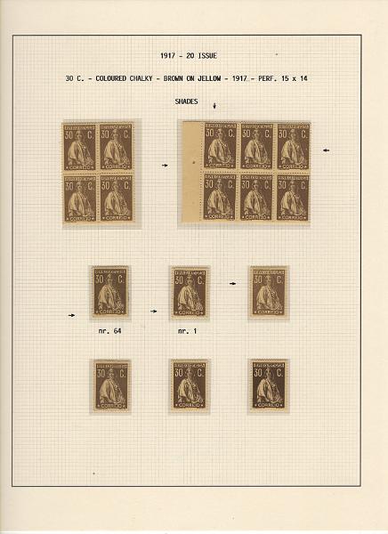 208 (99).jpg -     Lote:    208      Ceres &mdash; Colecção Especializada             Descrição:         1917/20 &mdash; Ceres. Novas cores e valores. MF222/234. Lote composto por coleção montada em 101 folhas de exposição, tipo Lindner, com estudo exaustivo da emissão desde a taxa de 1 &frac12; c até 30C, contendo selos novos e usados simples, em pares, quadras e blocos com grande número de selos, com estudo das variedades de papel, denteados, erros e variedades de clichés, acompanhados de desenhos das fendas mais importantes. Inclui ainda sobrescritos, bilhetes-postais e fragmentos, assim como variada marcofilia da época com realce para exemplares da GREVE DOS CORREIOS e marcas de paquetes portugueses. Valor de catálogo dos selos novos e usados, sem ter em conta a história postal &euro; 13.845,00. MB e MR. Lote a ver.         Lote       Valor Base:     &euro; 6.000,00     Valor Venda:     &euro;      