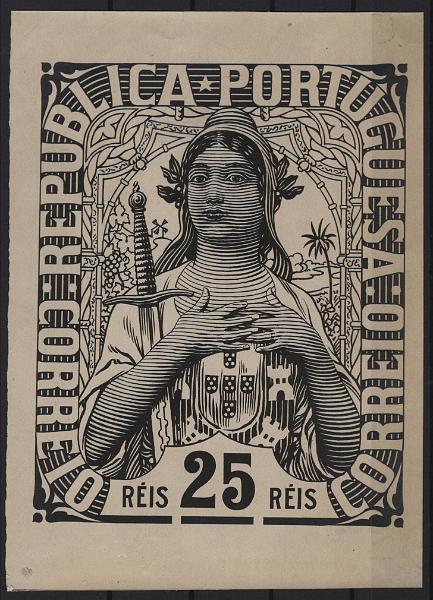 191.jpg -     Lote:    191      Ceres &mdash; Colecção Especializada             Descrição:         1911 &mdash; Estudos e desenhos para a execução do novo selo representativo do regime republicano. Reprodução aumentada do desenho atribuído ao Pintor Roque Gameiro com figura feminina estilo "art nouveau" que pretendia conciliar liberdade com memória guerreira e conquistas africanas, mas faltava-lhe a força mítica do "trabalho". Do arquivo do editor de "O Século", João Pereira da Rosa, impulsionador do concurso para a execução do novo selo representativo do regime republicano. MB e MR.         PRV       Valor Base:     &euro; 200,00     Valor Venda:     &euro;      
