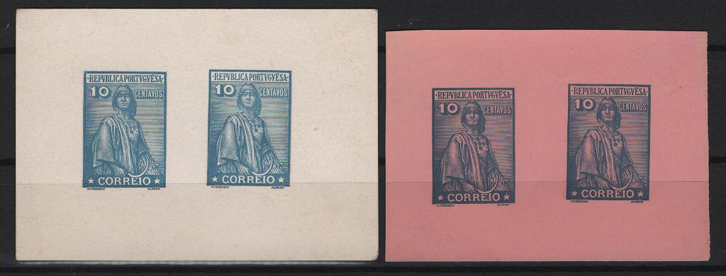197.jpg -     Lote:    197      Ceres &mdash; Colecção Especializada             Descrição:         1912 &mdash; Ceres. Emissão de 1912. Trabalhos progressivos. Lote com dois pares de provas de gravura com gravação da nova moeda (10 centavos), um em azul sobre papel porcelana colorido em salmão e outro em azul sobre cartão branco. Todas preenchendo o requisito do ponto 4.º do texto do concurso de Fevereiro de 1911, a partir do desenho escolhido para a emissão, da autoria de Domingos Alves do Rego, preterida pela de José Sérgio de Carvalho e Silva. MB e MR.         PRV       Valor Base:     &euro; 200,00     Valor Venda:     &euro;      