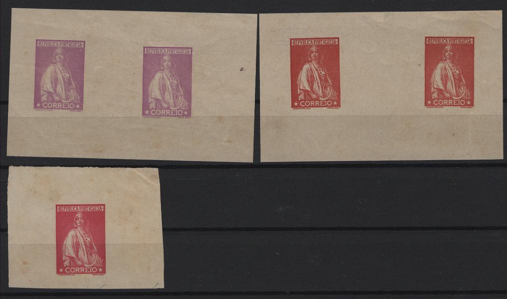 203.jpg -     Lote:    203      Ceres &mdash; Colecção Especializada             Descrição:         1912 &mdash; Ceres. Emissão de 1912. Lote composto por dois pares de provas em violeta e tijolo e prova isolada em carmim-rosa, todas com largas margens, em papel amarelado e pontinhado, sem abertura do valor no cunho, desenho de Constantino Álvaro Sobral Fernandes e gravura do segundo gravador da Casa da Moeda, José Sérgio de Carvalho e Silva. MB e MR.         PRV       Valor Base:     &euro; 150,00     Valor Venda:     &euro;      
