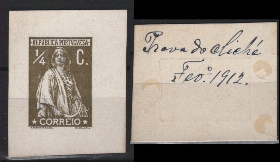 204.jpg -     Lote:    204      Ceres &mdash; Colecção Especializada             Descrição:         1912 &mdash; Ceres. Emissão de 1912. Prova da gravura em cartão revestido a caulino em sépia, com abertura do valor no cunho (&frac14; C.), desenho de Constantino Álvaro Sobral Fernandes e gravura do segundo gravador da Casa da Moeda, José Sérgio de Carvalho e Silva. Prova com menção manuscrita no verso "Prova do cliché / Fev.º 912.". MB e MR.         PRV       Valor Base:     &euro; 250,00     Valor Venda:     &euro;      