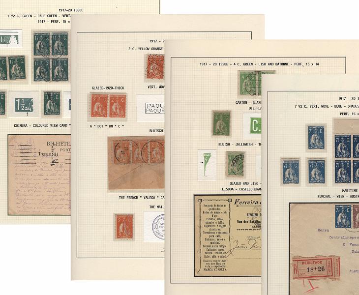 208.jpg -     Lote:    208      Ceres &mdash; Colecção Especializada             Descrição:         1917/20 &mdash; Ceres. Novas cores e valores. MF222/234. Lote composto por coleção montada em 101 folhas de exposição, tipo Lindner, com estudo exaustivo da emissão desde a taxa de 1 &frac12; c até 30C, contendo selos novos e usados simples, em pares, quadras e blocos com grande número de selos, com estudo das variedades de papel, denteados, erros e variedades de clichés, acompanhados de desenhos das fendas mais importantes. Inclui ainda sobrescritos, bilhetes-postais e fragmentos, assim como variada marcofilia da época com realce para exemplares da GREVE DOS CORREIOS e marcas de paquetes portugueses. Valor de catálogo dos selos novos e usados, sem ter em conta a história postal &euro; 13.845,00. MB e MR. Lote a ver.         Lote       Valor Base:     &euro; 6.000,00     Valor Venda:     &euro;      