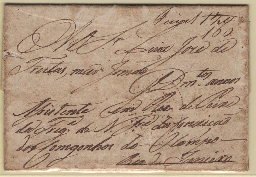 224.jpg -     Lote:    224            Açores       Descrição:         Fayal / Açores &mdash; A sépia, manuscrito, em carta datada de Angra (02.02.1838) via Faial, para o Rio de Janeiro, com o porte inicial de 120 reis manuscrito a sépia, e emendado para 160 reis, também manuscrito a sépia. Exemplar raro, sem reparações, mas com alguns defeitos e alguma sujidade.          Carta       Valor Base:     &euro; 1.200,00     Valor Venda:     &euro;      
