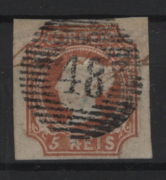 225.jpg -     Lote:    225            Açores       Descrição:         Açores &mdash; Percursores * 1853 &mdash; D. Maria II. MF1, 5 reis, cunho I, com ligeira transparência, duas margens curtas e duas boas, obliterado com carimbo numérico da 1.ª reforma, tipo 20 barras "48 &mdash; ANGRA". Valor de catálogo &euro; 1.910,00.         O       Valor Base:     &euro; 100,00     Valor Venda:     &euro;      