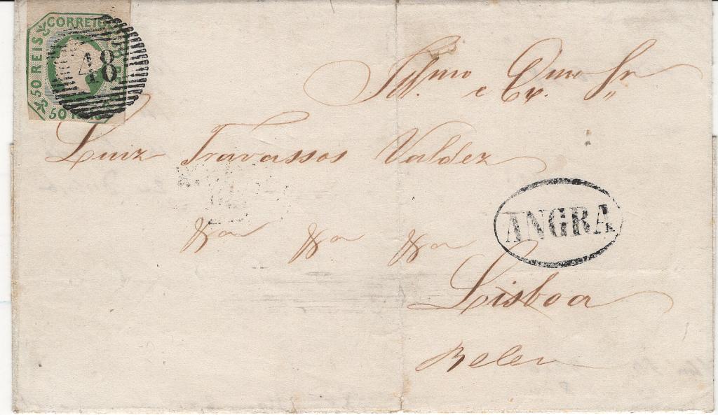 226.jpg -     Lote:    226            Açores       Descrição:         Açores &mdash; Percursores * 1853 &mdash; D. Maria II, MF3, 50 reis verde amarelo, papel liso em capa carta circulada de Angra do Heroísmo para Lisboa (30.?..1857) para pagar o porte duplo de uma carta de circulação interna com o peso entre 3 e 5 oitavas. Selo sem reparações com três margens a tocar o quadro e uma de luxo, com boa cor e relevo. Obliterada com carimbo numérico da 1.ª reforma "48 &mdash; ANGRA", do tipo 6.9.5 a preto e carimbo nominativo também a preto "ANGRA". Certificado de peritagem de J. Miranda da Mota. MB e MR.         Carta       Valor Base:     &euro; 1.500,00     Valor Venda:     &euro;      