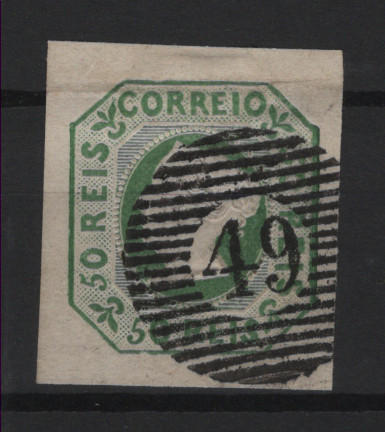 231.jpg -     Lote:    231            Açores       Descrição:         Açores &mdash; Percursores * 1853 &mdash; D. Maria II. MF3, 50 reis verde amarelo, com margens de luxo, e vinco no bordo superior obliterado com carimbo numérico da 1.ª reforma, tipo 20 barras "49 &mdash; HORTA". Valor de catálogo &euro; 2.250,00.         O       Valor Base:     &euro; 300,00     Valor Venda:     &euro;      