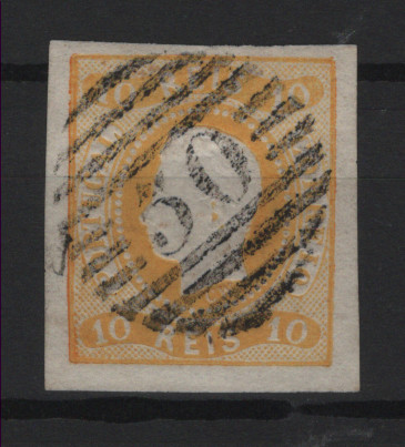 235.jpg -     Lote:    235            Açores       Descrição:         Açores &mdash; Percursores * 1866/67 &mdash; D. Luís I. Fita curva, não denteados. MF20, 10 reis amarelo laranja, com margens de luxo, obliterado com carimbo numérico da 1.ª reforma, tipo 4.3.4, batido a preto "50 &mdash; PONTA DELGADA". Valor de catálogo &euro; 290,00.         O       Valor Base:     &euro; 50,00     Valor Venda:     &euro;      