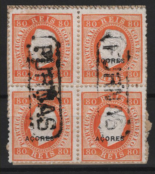 244.jpg -     Lote:    244            Açores       Descrição:         1882/84 &mdash; D. Luís I. Fita direita. Selos do Continente com sobrecarga AÇORES, tipo D. MF41, 80 reis laranja, denteado 12 &frac12;, papel porcelana. Quadra com boa cor, sem defeitos nem reparações, obliterada com carimbo nominativo batido duas vezes a preto "FURNAS". MB e MR.         O       Valor Base:     &euro; 150,00     Valor Venda:     &euro;      