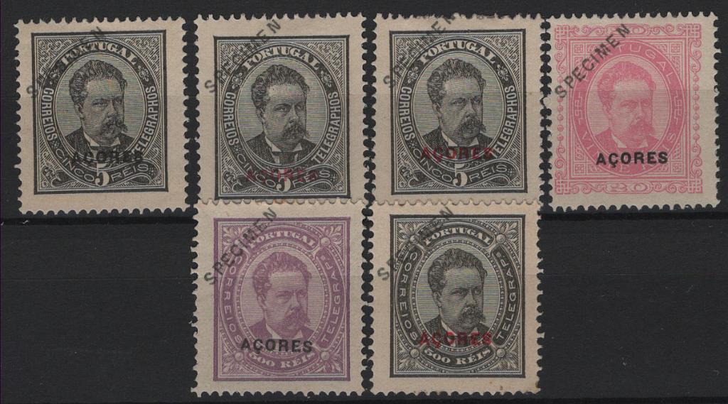 246.jpg -     Lote:    246            Açores       Descrição:         1884/87 &mdash; D. Luís I. De frente. MF52/57. Série incompleta de reimpressões de 1905 (falta reimpressão de 10 reis), denteado 13 &frac12;, sobrecarga SPECIMEN a preto e oblíqua no canto superior esquerdo, com goma original e sinal de charneira, com boa cor e sem defeitos ou reparações. Valor de catálogo &euro; 358,00.         R**       Valor Base:     &euro; 100,00     Valor Venda:     &euro;      