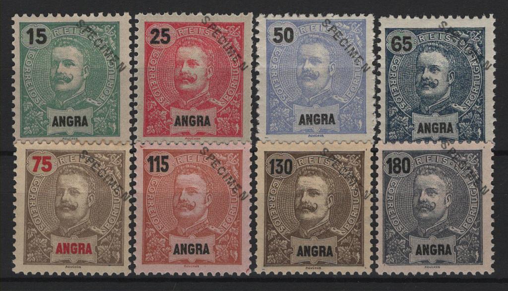 251.jpg -     Lote:    251            Angra       Descrição:         1898/1905 &mdash; D. Carlos I Mouchon. Novas cores e valores. MF27/34. Série completa com selos originais, distribuídos com as reimpressões de 1905, com sobrecarga SPECIMEN a preto e oblíqua no canto superior direito. Selos com goma original. MB e R.         **       Valor Base:     &euro; 150,00     Valor Venda:     &euro;      