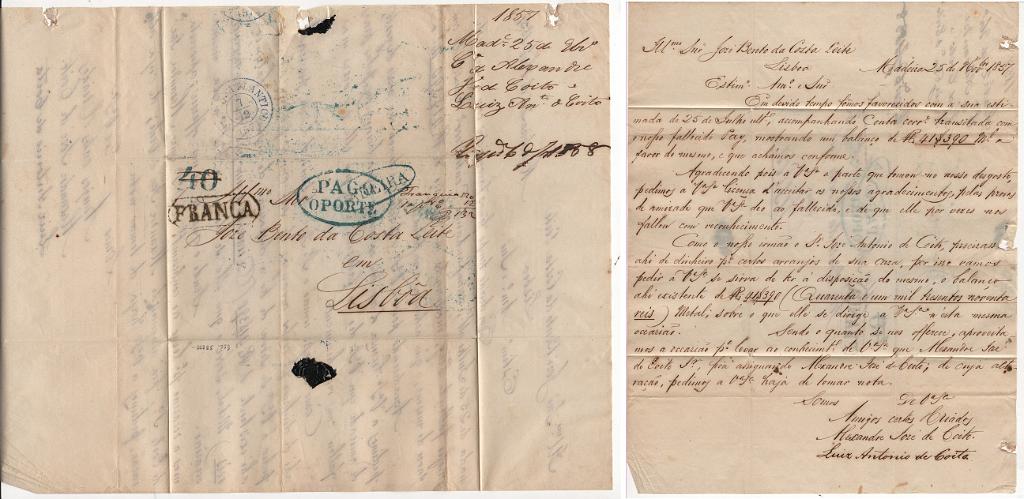 255.jpg -     Lote:    255                   Descrição:         Madeira * Porteado. Carta remetida da Madeira (27.11.57) para Lisboa (07.12.57) porteada com 40 reis e posteriormente anulado e convertido em porte pago de 120 reis (porte para cartas até 1 oitava de peso transportada pelos paquetes subsidiados) + 12 reis correspondentes a 10% do porte pela diferença da moeda (ágio). Marcas batidas a azul/verde aplicadas na Madeira "PAGO O PORTE" (porque o remetente pagou antecipadamente o porte) e "MADEIRA". Em lisboa foi aplicado o carimbo batido a sépia "FRANCA" (por o porte já vir pago do destino). Carta transportada pelo paquete TYNE da RMSP vindo de Buenos Aires (2.11), Montevideu (5.11), Rio de Janeiro (14.11), Madeira e Lisboa (7.12). Carimbo do PAQUETE TRANSATLATICO batido a violeta. MB e R.         Carta       Valor Base:     &euro; 150,00     Valor Venda:     &euro;      