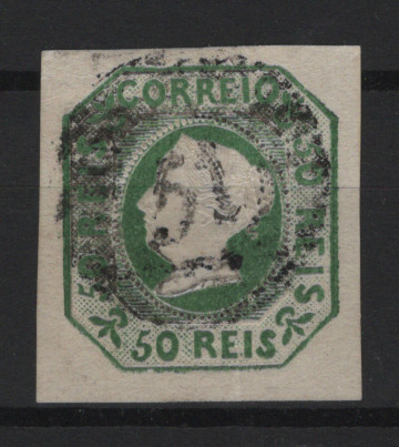 256.jpg -     Lote:    256                   Descrição:         Madeira &mdash; Percursores * 1853 &mdash; D. Maria II. MF3, 50 reis verde, com margens boas, e alguma sujidade no verso, obliterado com carimbo numérico da 1.ª reforma, tipo 3.5.3, a preto "51 &mdash; FUNCHAL". Valor de catálogo &euro; 2.650,00.         O       Valor Base:     &euro; 200,00     Valor Venda:     &euro;      