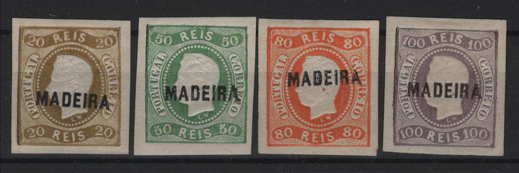 260.jpg -     Lote:    260                   Descrição:         1868 &mdash; D. Luís I. Fita curva, não denteados. Selos do Continente com sobrecarga MADEIRA, tipo A. MF&frac14;. Série completa (20, 50, 50 e 100 reis) com goma original e sinal de charneira, margens de luxo, com boa cor, sem defeitos nem reparações. Exemplares de luxo. Valor de catálogo &euro; 1.560,00.         **       Valor Base:     &euro; 250,00     Valor Venda:     &euro;      