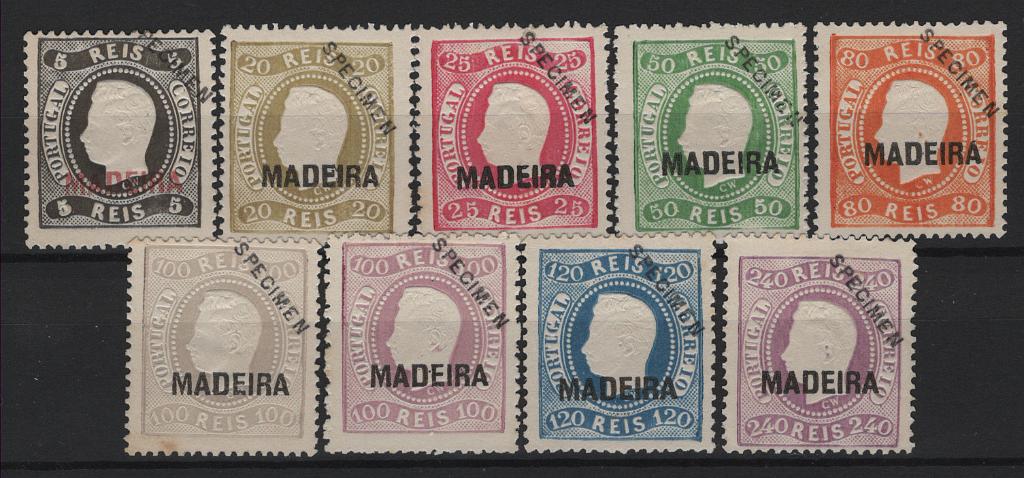 265.jpg -     Lote:    265                   Descrição:         1868/70 &mdash; D. Luís I. Fita curva, denteados. MF5/13. Série incompleta de reimpressões de 1885 (falta reimpressão de 10 reis) + reimpressão de 100 reis em tonalidade diferente. Todas em denteado 13 &frac12;, com a sobrecarga SPECIMEN a preto e oblíqua no canto superior direito, com boa cor. Uma das reimpressões de 100 reis com leve ponto de óxido. Valor de catálogo &euro; 435,00.         R*       Valor Base:     &euro; 200,00     Valor Venda:     &euro;      