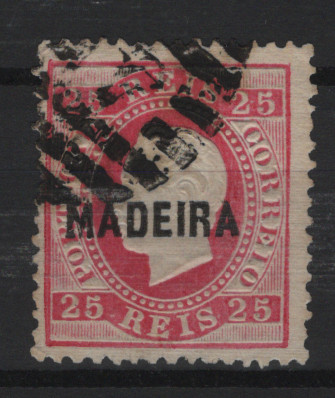 268.jpg -     Lote:    268                   Descrição:         1871/76 &mdash; D. Luís I. Fita direita Selos do Continente com sobrecarga MADEIRA, tipo A. MF17, 25 reis carmim rosa, denteado 12 &frac12;, cunho X. Selo usado em papel COSTELADO. Certificado de peritagem de Leilões P. Dias, Lda. Valor de catálogo &euro; 70.00.         O       Valor Base:     &euro; 20,00     Valor Venda:     &euro;      