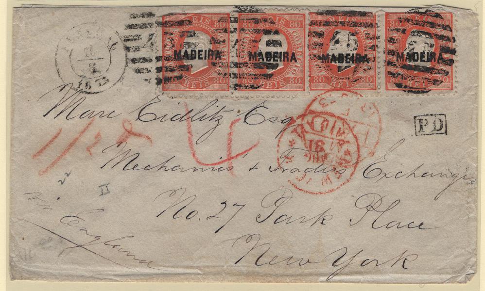 270.jpg -     Lote:    270                   Descrição:         1871/76 &mdash; D. Carlos I. Fita direita. Selos do Continente com sobrecarga MADEIRA tipo A. Sobrescrito circulado do Funchal (08.08.73) para Nova York (31.08.73) com dois pares de selos de 80 reis laranja, MF19, denteado 12 &frac12;, obliterados com carimbo de barras numérico da 2.ª reforma "45", correspondente ao 4.º porte para cartas circuladas para o estrangeiro. MB e MR.         Carta       Valor Base:     &euro; 250,00     Valor Venda:     &euro;      