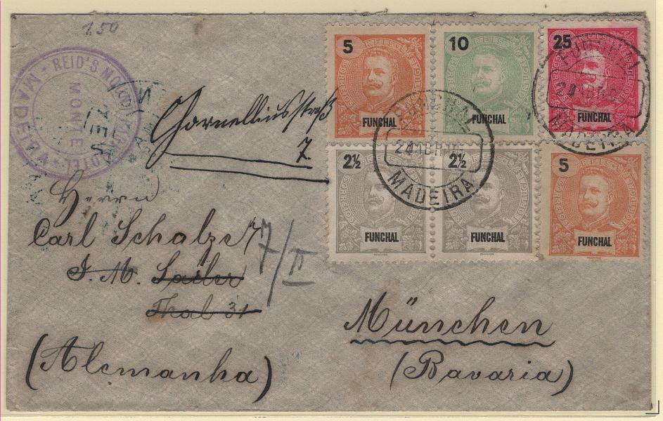 278.jpg -     Lote:    278                   Descrição:         1897/1905 &mdash; D. Carlos I Mouchon. Sobrescrito circulado do Funchal (24.04.05) para Munique (30.04.05) com selos de 2 &frac12; (par), 5 (2) 10 e 25 reis, MF13, 14, 15 e 28. B.         Carta       Valor Base:     &euro; 30,00     Valor Venda:     &euro;      