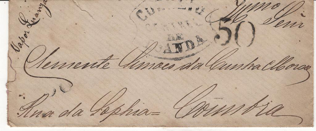 286.jpg -     Lote:    286            Angola       Descrição:         Loanda / Correio Central &mdash; A preto, LF LOA3A em sobrescrito circulado de Luanda para Coimbra (24.09.1870), já no período adesivo, com a indicação manuscrita "Vapor Quanza", com trânsito por Lisboa (23.09.70). Exemplar sem reparações, com dois cortes no sobrescrito e com o porte fixo de "50" reis, aplicado em Lisboa, correspondente a uma carta remetida para Portugal com peso até 15 gramas. Certificado de peritagem de J. Miranda da Mota.         Carta       Valor Base:     &euro; 100,00     Valor Venda:     &euro;      