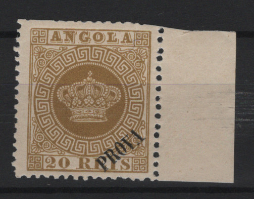 289.jpg -     Lote:    289            Angola       Descrição:         1870/77 &mdash; Coroa. MF3c, 20 reis bistre, tipo I, papel liso ESPESSO (100m), denteado 12 Ÿ. Exemplar bordo de folha, sem reparações, com parte da goma espelhada, com dentes curtos na margem superior, com boa cor e com a sobrecarga "PROVA" grande, impressa a preto. MB e MR. Certificado de peritagem de J. Miranda da Mota.         ***       Valor Base:     &euro; 125,00     Valor Venda:     &euro;      