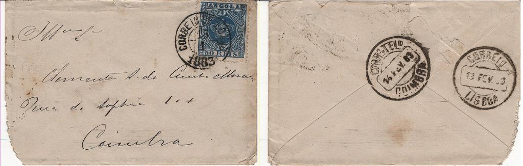 293.jpg -     Lote:    293            Angola       Descrição:         1881/85 &mdash; Coroa. Novas cores. MF14, 50 reis azul, tipo I, papel liso, denteado 12 &frac12;, em sobrescrito circulado de Luanda (15.01.1883) para Coimbra (14.02.83) com trânsito por Lisboa (13.02.83), para pagar o primeiro porte de cartas remetidas para o Continente com o peso até 15g. Exemplar raro, sem reparações, com falta de papel no sobrescrito no canto inferior esquerdo, transportado pelo vapor "Angola" e marca da estação expedidora bem batida a preto "CORREIO DE LOANDA". MB e MR. Certificado de peritagem de J. Miranda da Mota.         Carta       Valor Base:     &euro; 900,00     Valor Venda:     &euro;      