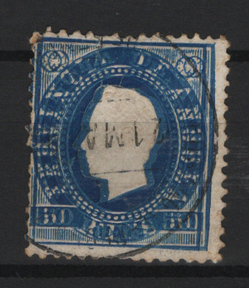 297.jpg -     Lote:    297            Angola       Descrição:         1886 &mdash; D. Luís I. Fita direita. MF20, 50 reis azul, denteado 12 Ÿ, papel porcelana. Selo com dupla impressão total do cunho, bem marcada. Exemplar com ligeiros defeitos no denteado mas de grande raridade. B e MR. Certificado de peritagem de Leilões P. Dias. Lda. Valor de catálogo &euro; 240,00.         O       Valor Base:     &euro; 60,00     Valor Venda:     &euro;      