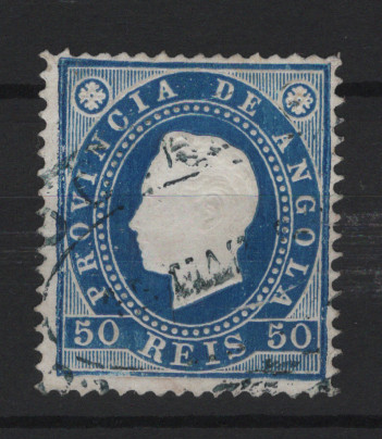 298.jpg -     Lote:    298            Angola       Descrição:         1886 &mdash; D. Luís I. Fita direita. Selo autêntico de 50 reis azul, em papel porcelana, denteado 13 &frac12;. Exemplar sem reparações, com um pequeno defeito no papel porcelana, com boa cor e relevo. Selo NÃO CATALOGADO neste denteado. Certificado de peritagem de J. Miranda da Mota.         O       Valor Base:     &euro; 75,00     Valor Venda:     &euro;      