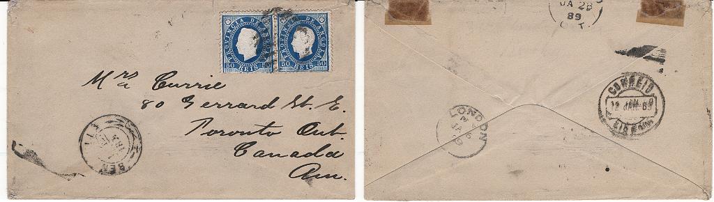 299.jpg -     Lote:    299            Angola       Descrição:         1886 &mdash; D. Luís I. Fita direita. MF20, 50 reis azul, papel porcelana, denteado 12 Ÿ. Par horizontal em sobrescrito circulado de Benguela (11.12.88) para o Canadá (28.01.89) e com trânsito por Lisboa (16.01.89) e Londres (16.01.89). Porte simples para cartas remetidas para o Canadá com peso até 15g. Exemplar pouco vulgar, sem defeitos ou reparações, transportada pelo vapor "Portugal" até Lisboa, com os selos obliterados com marca muda oval com 9 barras e o sobrescrito com carimbo tipo "Palmas" de Benguela. MB e MR. Certificado de peritagem de J. Miranda da Mota.         Carta       Valor Base:     &euro; 500,00     Valor Venda:     &euro;      