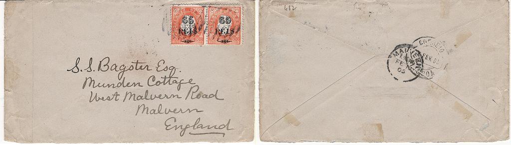 307.jpg -     Lote:    307            Angola       Descrição:         1902 &mdash; D. Luís I. Fita direita, com sobretaxa. MF54, 65 s/ 300 reis, laranja, tipo I, papel porcelana, denteado 12 Ÿ. Par horizontal em sobrescrito circulado presumivelmente de Benguela para Malvern / Inglaterra (10.02.05) com trânsito por Lisboa (06.02.1905), para pagar o duplo porte (130 reis) de carta com peso entre 15 e 30 gramas de Angola para Inglaterra. Exemplar sem reparações, nem defeitos nos selos, transportada pelo vapor "Loanda" até Lisboa. Selos obliterados com carimbo mudo oval de 9 barras, batido a preto em uso na estação postal de Benguela nesta época. B e MR.          Carta       Valor Base:     &euro; 125,00     Valor Venda:     &euro;      
